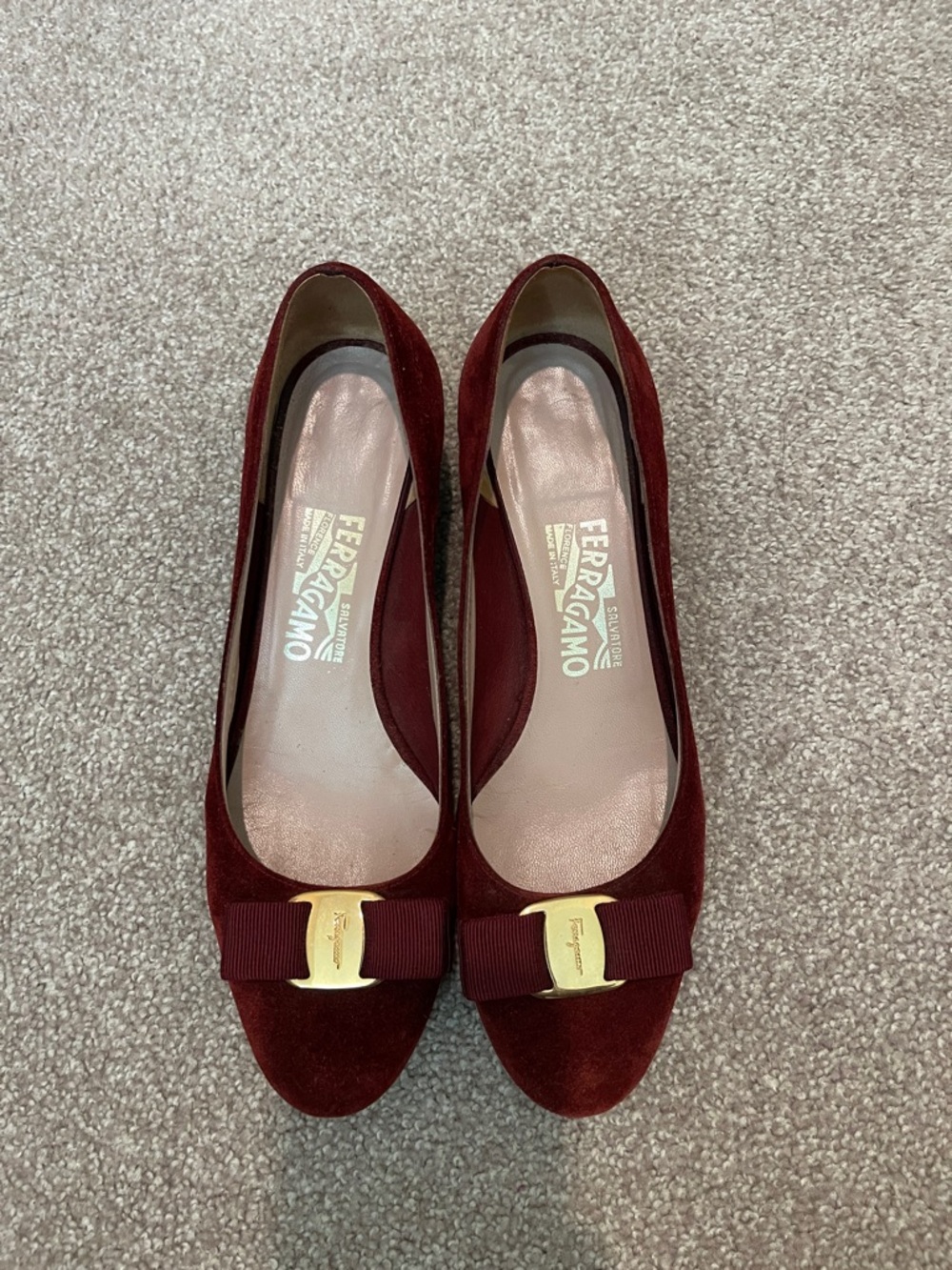 Salvatore Ferragamo Burgundy Vara Bow Suede Pumps